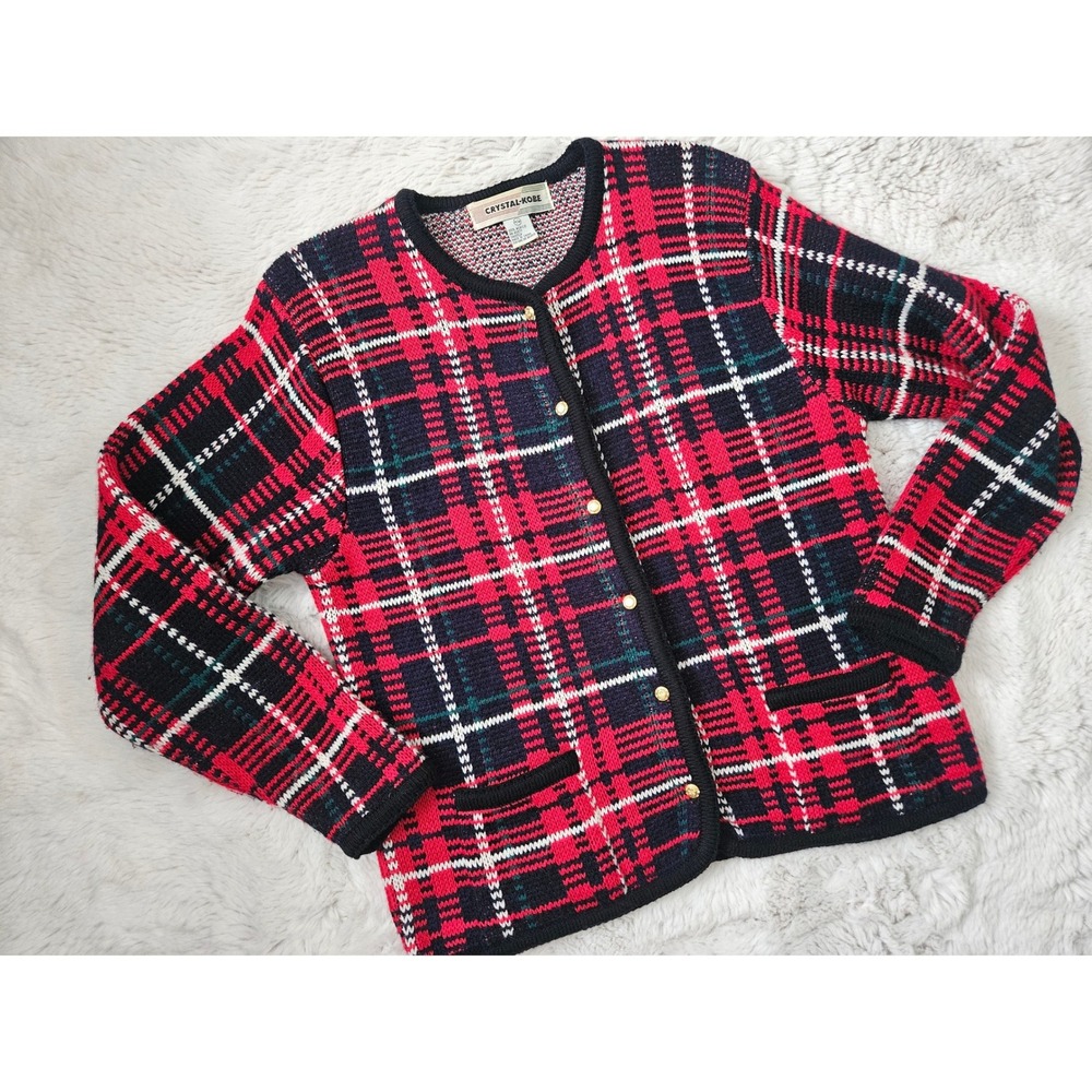Crystal-Kobe Vintage Plaid Knit Cardigan Sweater Size Medium